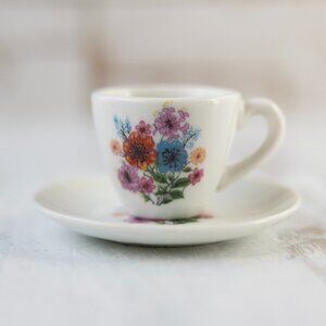 Mini cup and saucer set vintage made in Japan white with colorful floral bouquet